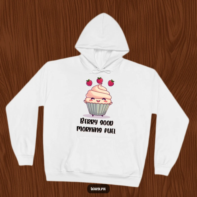 Funny hoodie featuring a cute smiling cupcake character juggling three small berries, perfect for cozying up with a touch of humor.