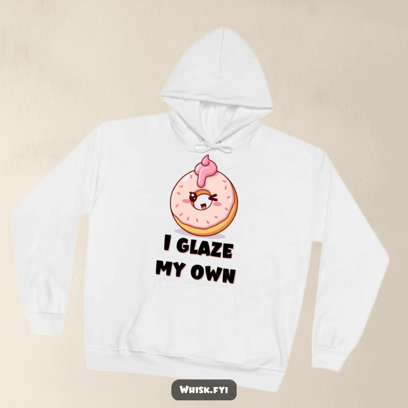 Funny hoodie with a winking doughnut character in the act of frosting another pastry, cozy and warm.