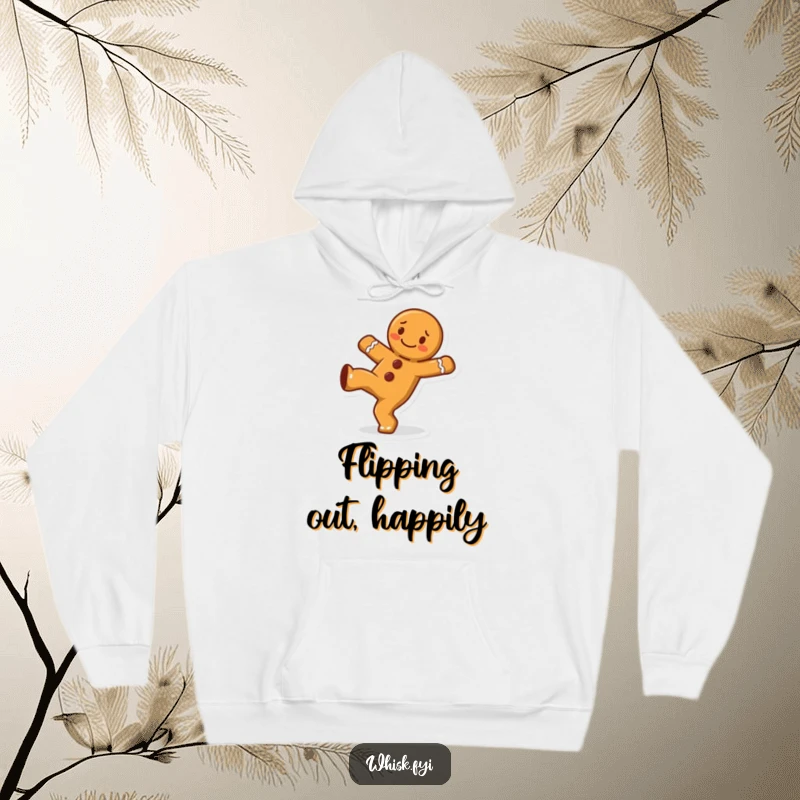Funny cheerful gingerbread man character doing a cartwheel on a warm and cozy hoodie, full of festive spirit.