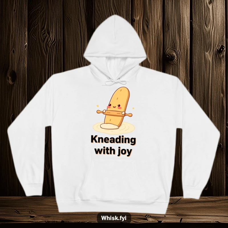 Funny hoodie with a gleeful baguette rolling dough with a tiny rolling pin, combining warmth with a humorous and baking-centric design.