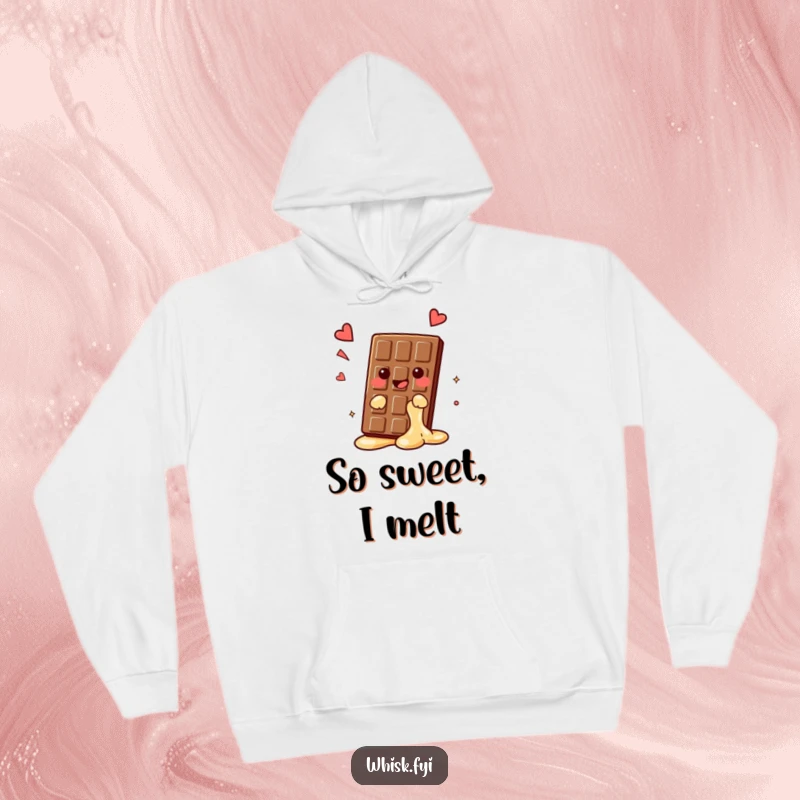 Funny kawaii chocolate bar hoodie, melting slightly with a happy sigh, cozy and hilarious comfort wear, perfect funny gift.