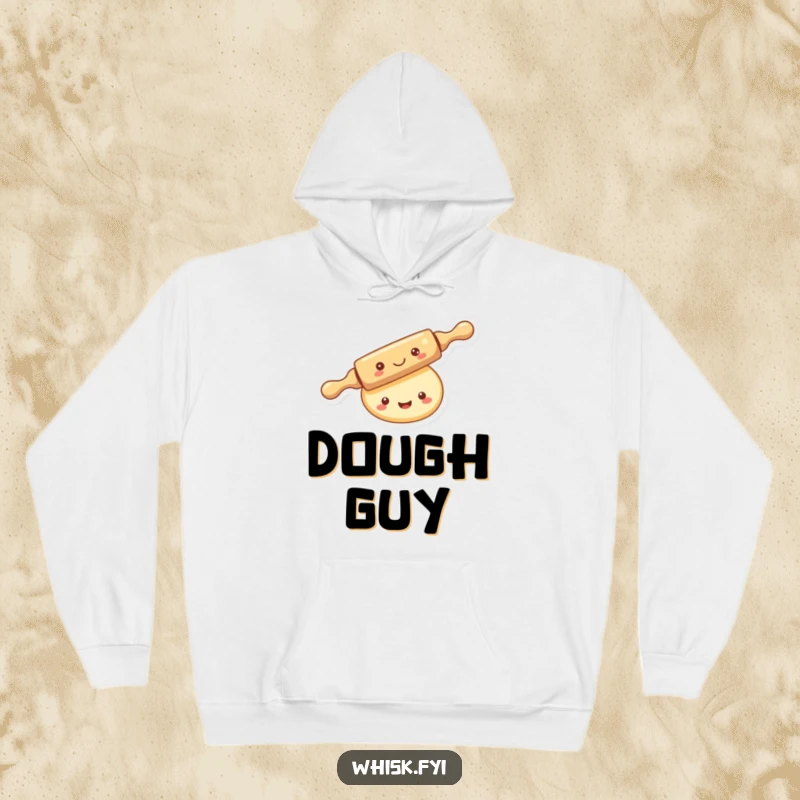 Funny kawaii rolling pin hoodie, merrily rolling over a smiling piece of dough, warm and cozy.