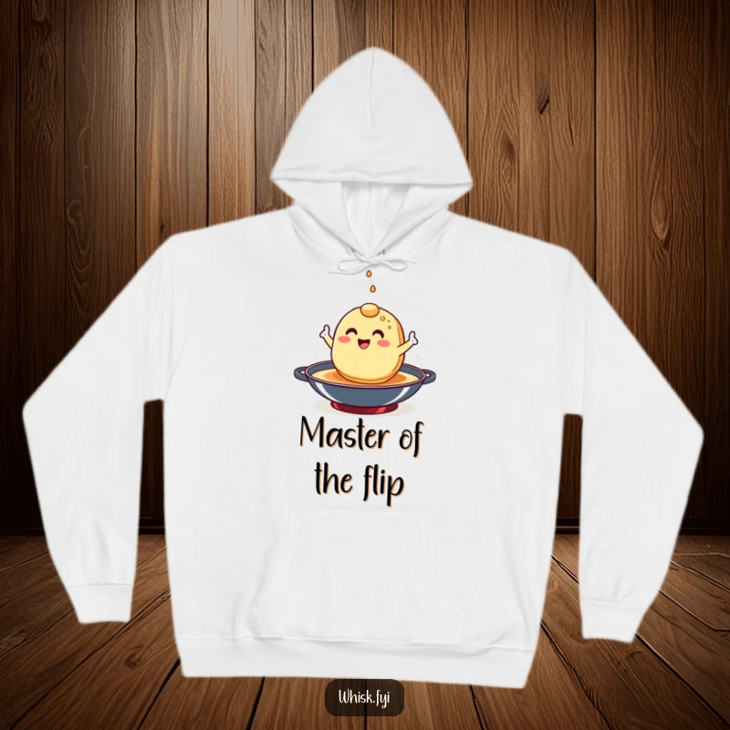 Funny pancake character hoodie showing a happy breakfast item performing a daring flip in a hot pan.