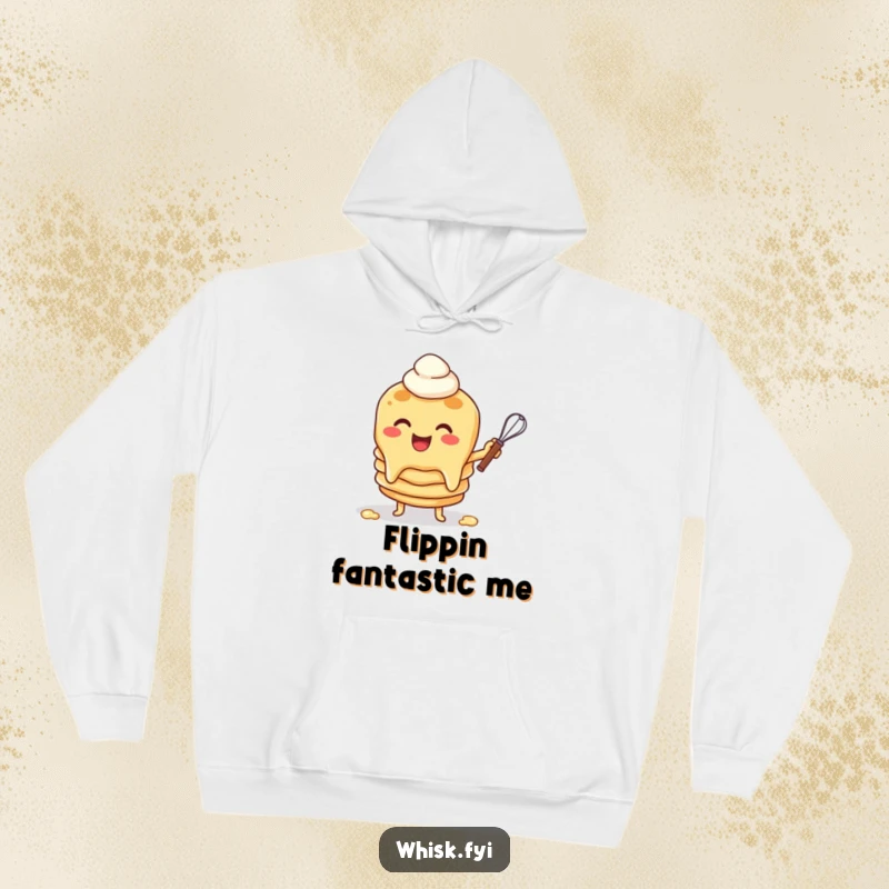 Funny hoodie featuring a cheerful pancake character flipping batter with a whisk, offering cozy warmth and breakfast-themed humor.