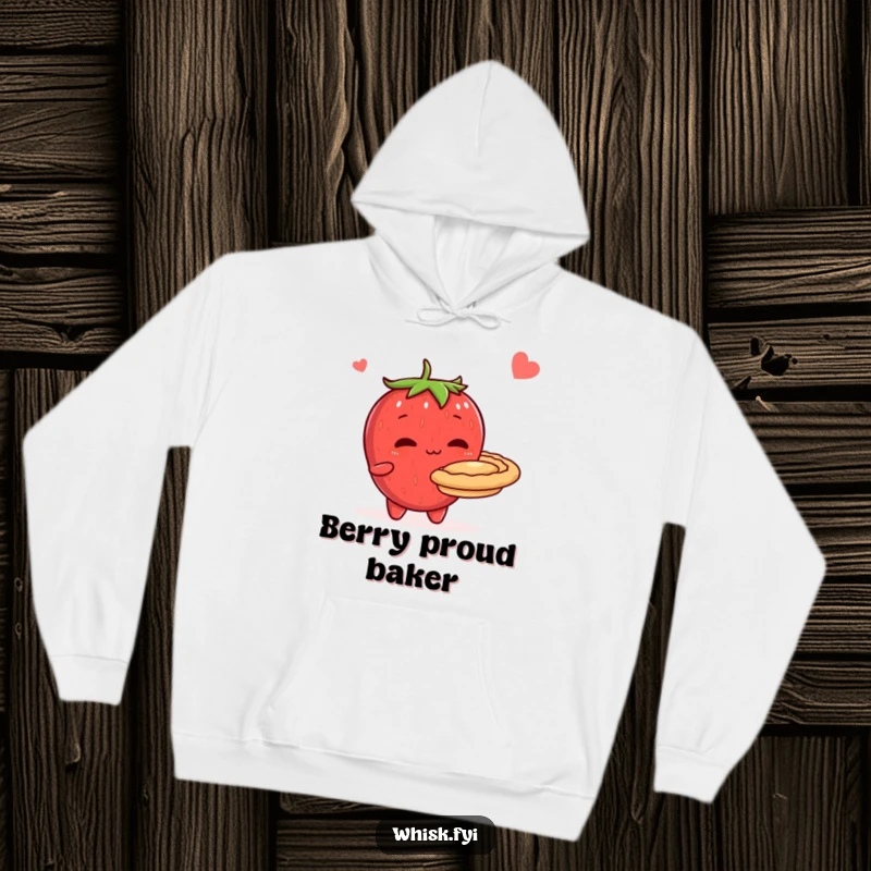Funny hoodie displaying a shy, blushing strawberry character offering a freshly baked pie, perfect for cozying up while baking.