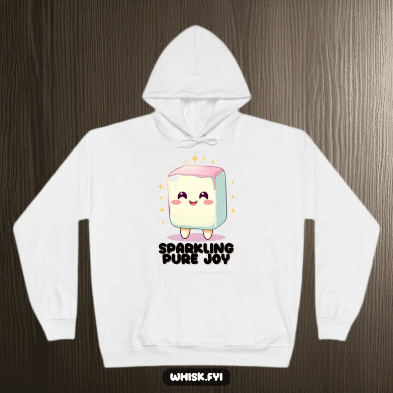 Funny hoodie showcasing a radiant, smiling sugar cube character sparkling brightly after being mixed, perfect for staying warm and cheerful.