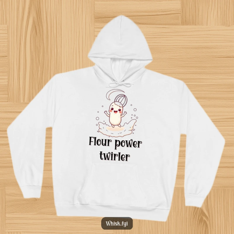 Funny, happy whisk character twirling playfully in a flour cloud, depicted on a cozy hoodie for bakers.