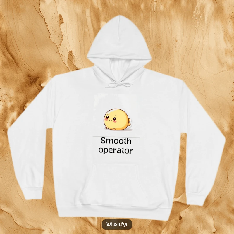 Funny hoodie showcasing a wobbly, round butter character smoothly sliding across a surface, offering warmth and humor.