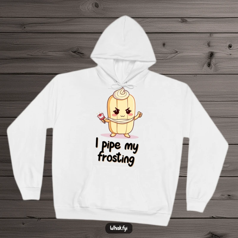 Funny baguette hoodie featuring a determined baguette character bravely piping frosting, perfect for cozy days.