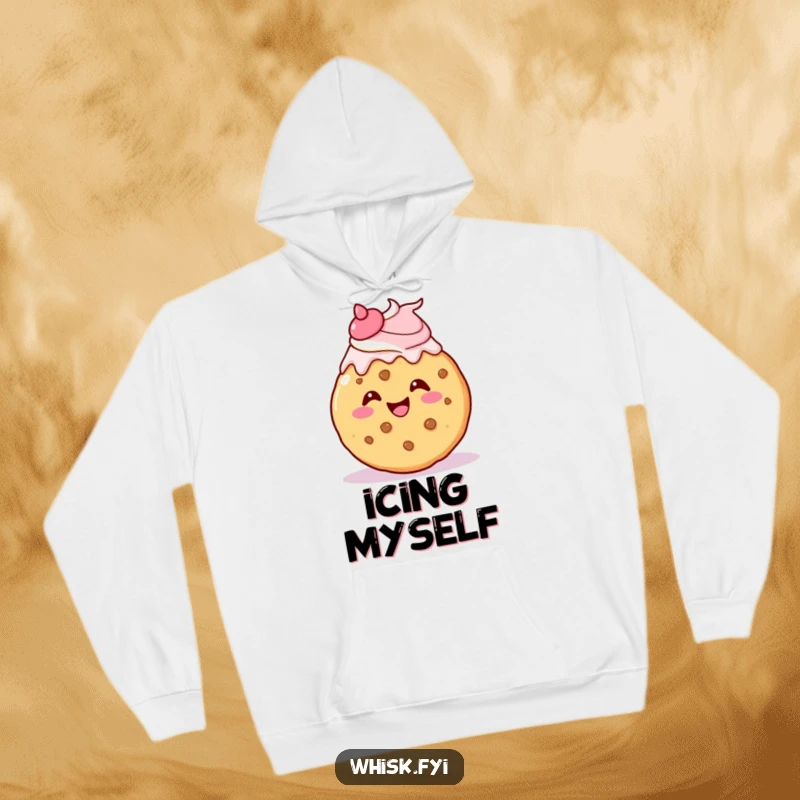 Funny kawaii cookie hoodie, gleefully icing itself with a cheerful flourish, warm and delightful.