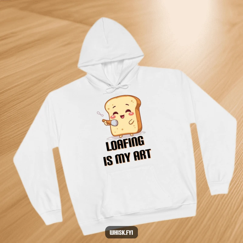 Funny hoodie with a giggling bread slice character artistically dusting flour using a tiny brush, a warm and humorous design.