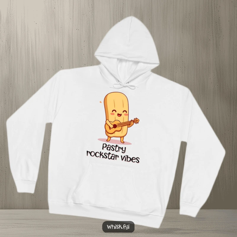Funny baguette hoodie features a delighted baguette character rocking out on a small pastry guitar, ideal for cozy music lovers.