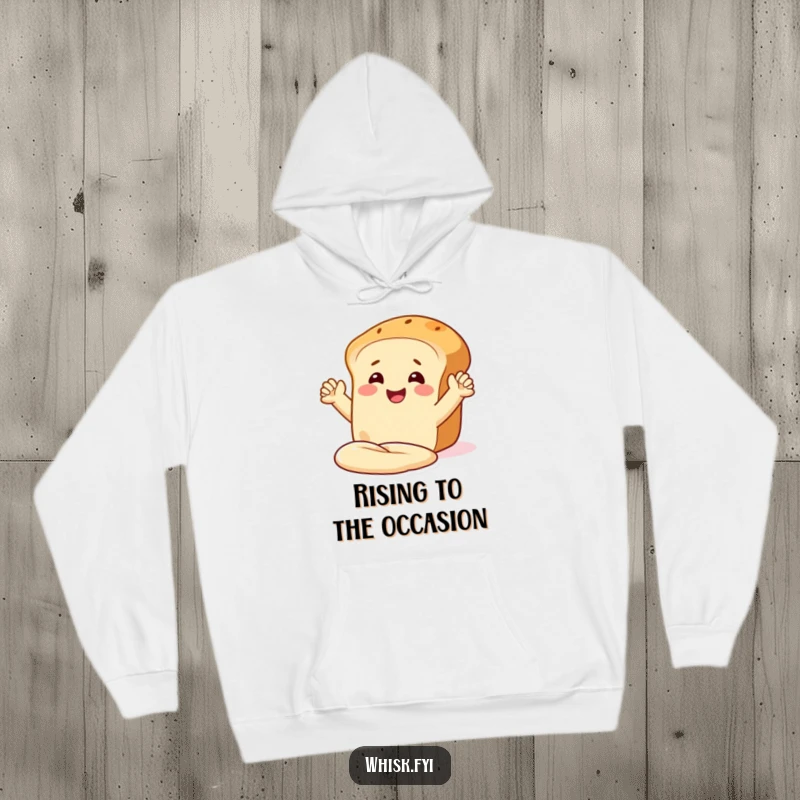 Funny hoodie showing a delighted bread loaf character with arms, smiling while kneading dough, perfect for cozy humor.