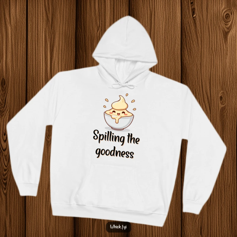 Funny hoodie showcasing a charming, happy bowl of batter character spilling with enthusiastic motion, perfect for cozying up while baking.