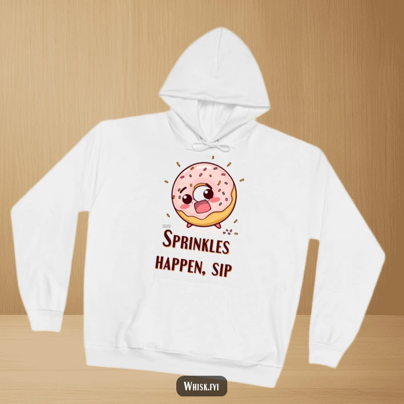 Funny hoodie illustrating a surprised doughnut character tripping, its sprinkles scattering dramatically, offering warmth and humorous style.