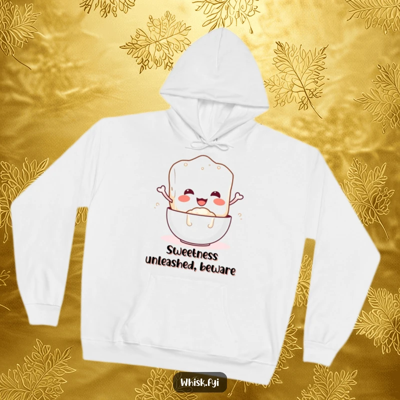 Funny hoodie depicting a smiling sugar cube character gleefully pouring sugar, perfect for cozy humor.