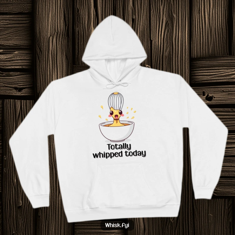 Funny Whisk Hoodie featuring a surprised whisk spinning wildly in a bowl, offering warmth and kitchen-themed humor.
