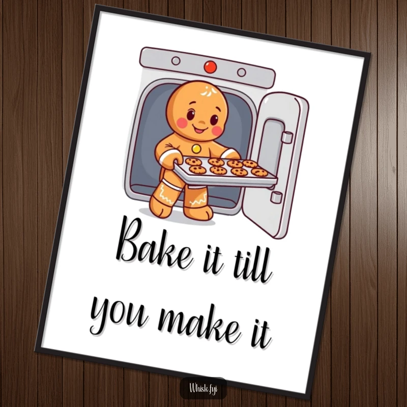 Funny free printable wall art of a happy, playful gingerbread man character expertly sliding a tray full of delicious cookies from an oven.