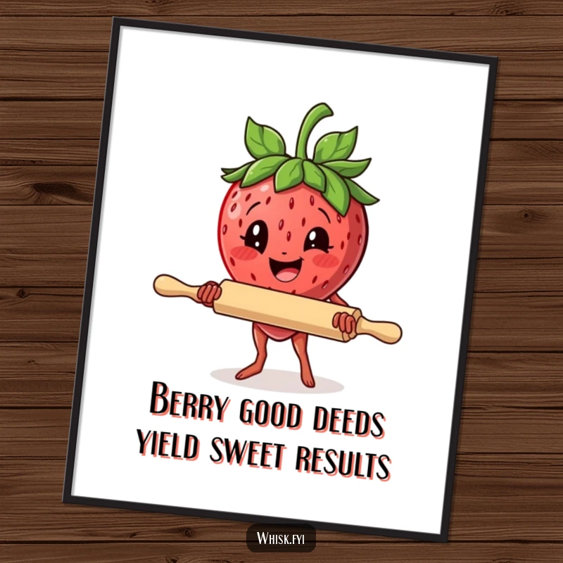 Funny Free Printable Wall Art: A delighted strawberry with a rolling pin, ready to roll out some awesome decor.