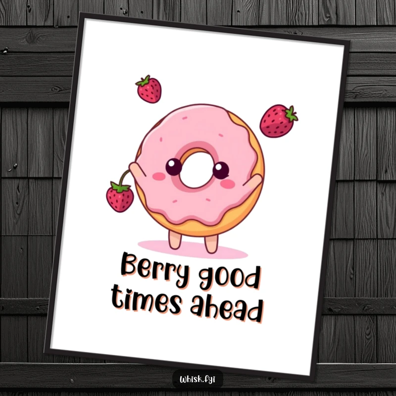 Funny Free Printable Wall Art: A smiling donut character tossed a bright red berry into the air, embodying pure, playful joy and sweetness.