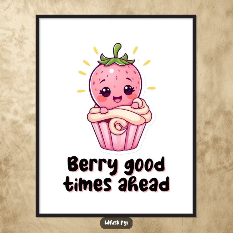 Funny Free Printable Wall Art: Radiant pink strawberry character with proud grin decorating a cupcake, sweet kitchen decor.