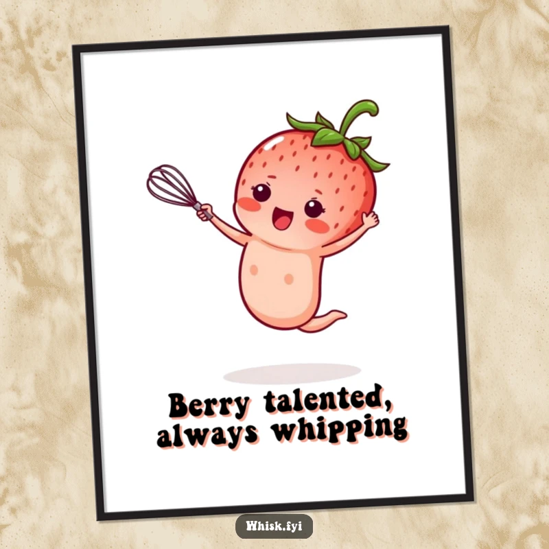 Free Printable Wall Art: A kawaii strawberry performing a mid-air cartwheel, tiny whisk held high, embodying fun and movement.