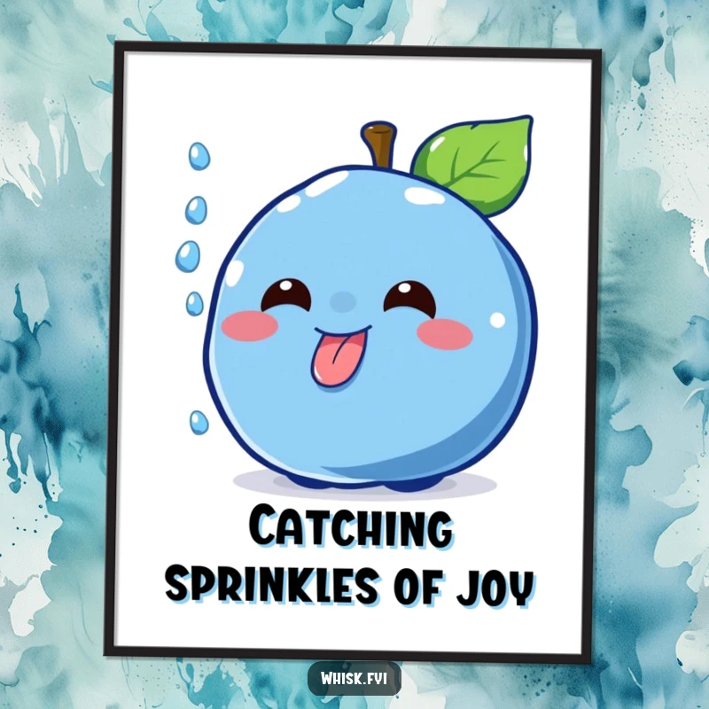 Funny Free Printable Wall Art: Cheerful blue blueberry character with mischievous grin catching a falling sprinkle with its tongue.