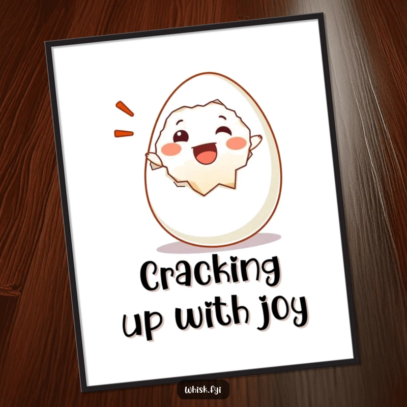 Funny Free Printable Wall Art: A visibly happy egg character cracks itself open mid-air with a loud, joyful exclamation of pure exuberance.