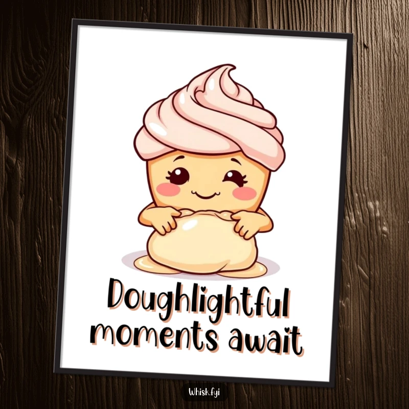 Funny Free Printable Wall Art: Smiling cupcake adorably kneading dough with tiny hands, a whimsical kitchen decorator.