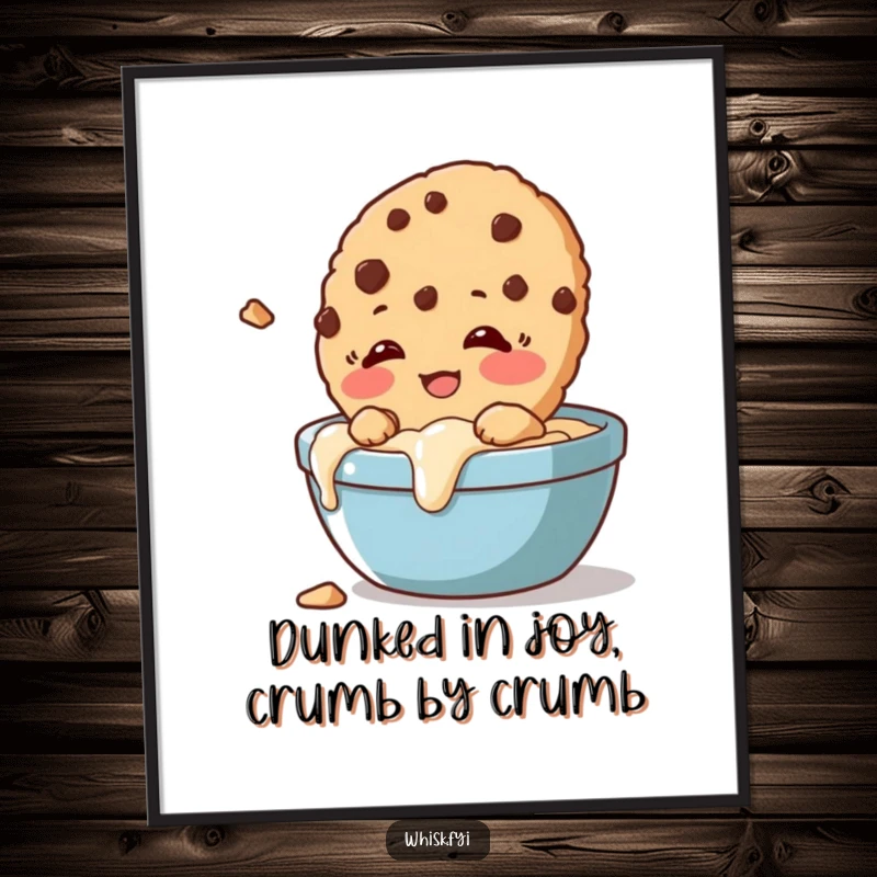 Funny free printable wall art of a giggling cookie crumbling slightly while being dunked, adding humorous charm to decor.
