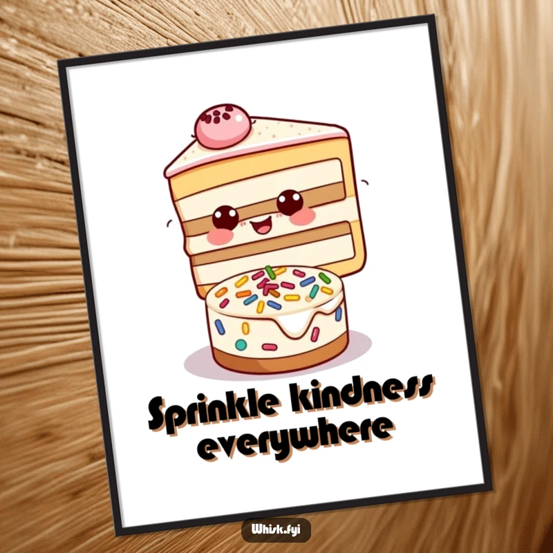 Funny Free Printable Wall Art of a beaming slice of cake decorating a small cake with sprinkles, a joyful and sweet scene.