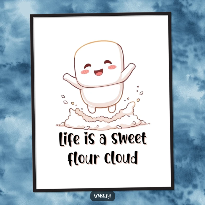 Funny Free Printable Wall Art: Giggling white marshmallow character joyfully leaping into a cloud of flour, whimsical kitchen art.
