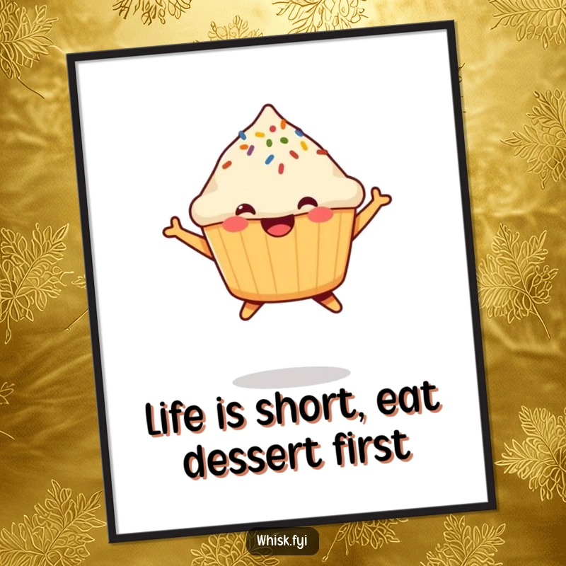 Funny Free Printable Wall Art: A happy muffin with a sprinkle on top excitedly jumps, bringing vibrant energy and humor to your decor.