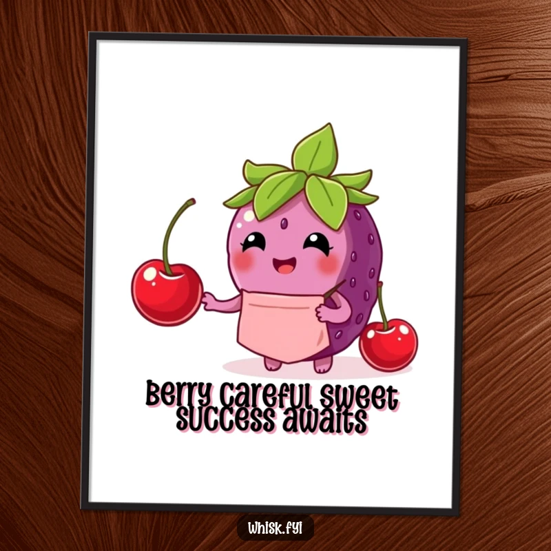 Funny Free Printable Wall Art: A delighted berry wearing a chef's apron meticulously places a cherry atop a dessert.