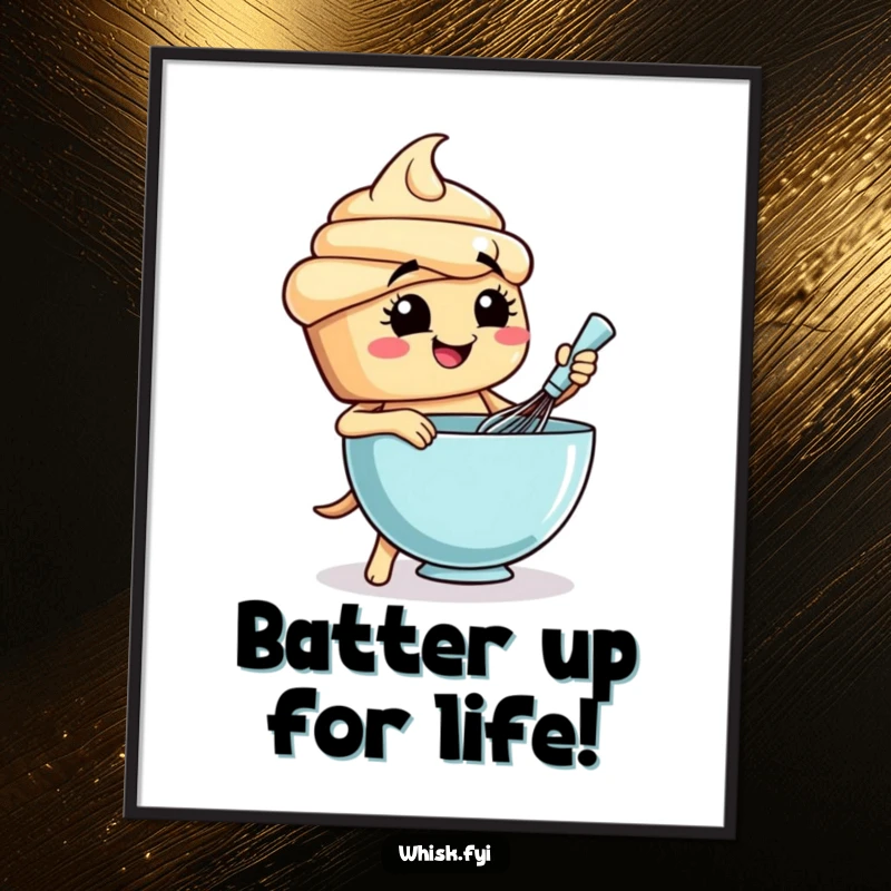 Funny Free Printable Wall Art: A happy cupcake energetically whisks a bowl of batter, bringing a cheerful and artistic touch to any space.