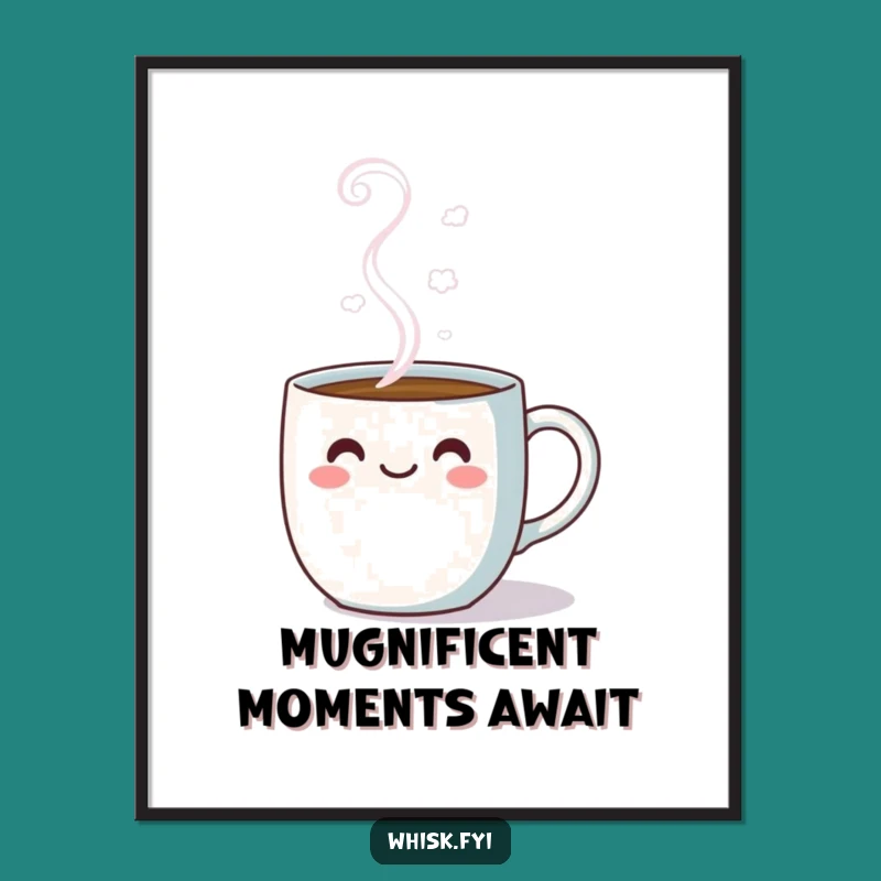 Free Printable Wall Art: Funny Kawaii Coffee Mug, Cheerful Home Decor