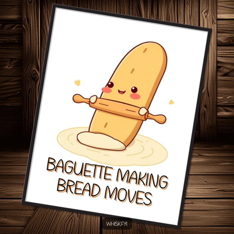Funny Free Printable Wall Art: A gleeful baguette enthusiastically rolling dough with a tiny rolling pin, bringing kitchen humor.