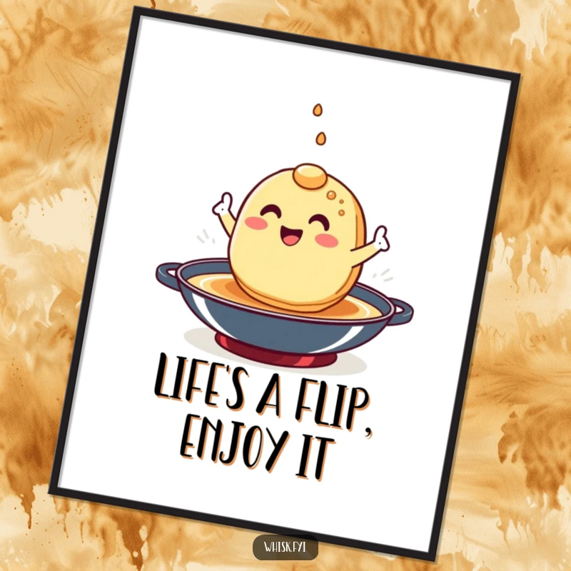 Funny Free Printable Wall Art: A happy pancake character expertly flips itself in a hot pan, creating a lively and artistic kitchen focal point.