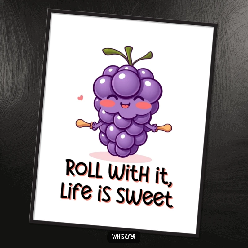 Funny Free Printable Wall Art: A blushing purple grape character with tiny arms joyfully rolls out dough with a small pin.