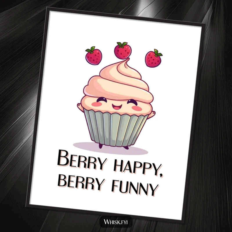 Funny Free Printable Wall Art: A delightful cupcake character joyfully juggling three tiny berries, a whimsical and humorous decoration.