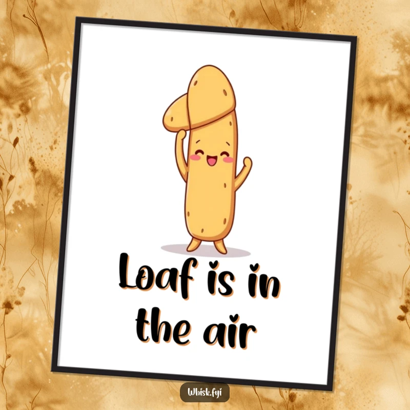 Funny Free Printable Wall Art: A proud baguette holding up a baked loaf, bringing humorous charm to any room. Downloadable art.