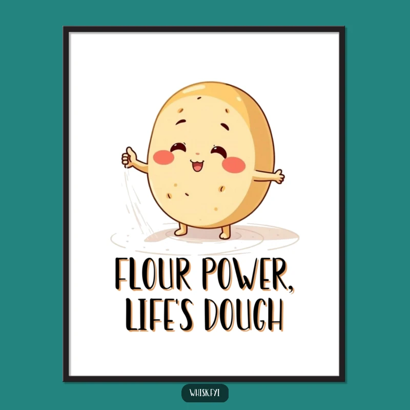 Free Printable Wall Art: Round Bread Character Dusting Flour Humorous Downloadable Decor for Kitchens