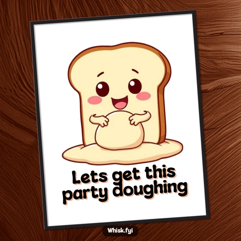 Funny Free Printable Wall Art: Kawaii bread slice enthusiastically kneading dough with a wide smile, kitchen decor.