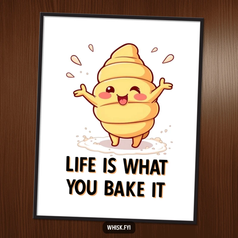 Funny Free Printable Wall Art A Kawaii croissant character with a huge grin, playfully tossing a cloud of flour.