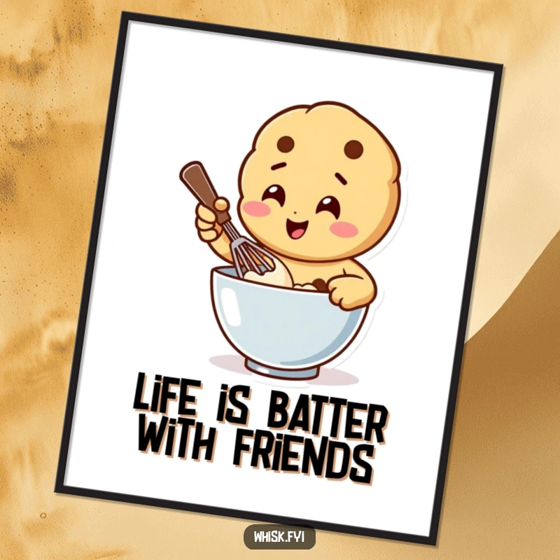 Funny Free Printable Wall Art: Happy cookie character vigorously whisking batter, adding a cheerful, humorous touch to your walls.