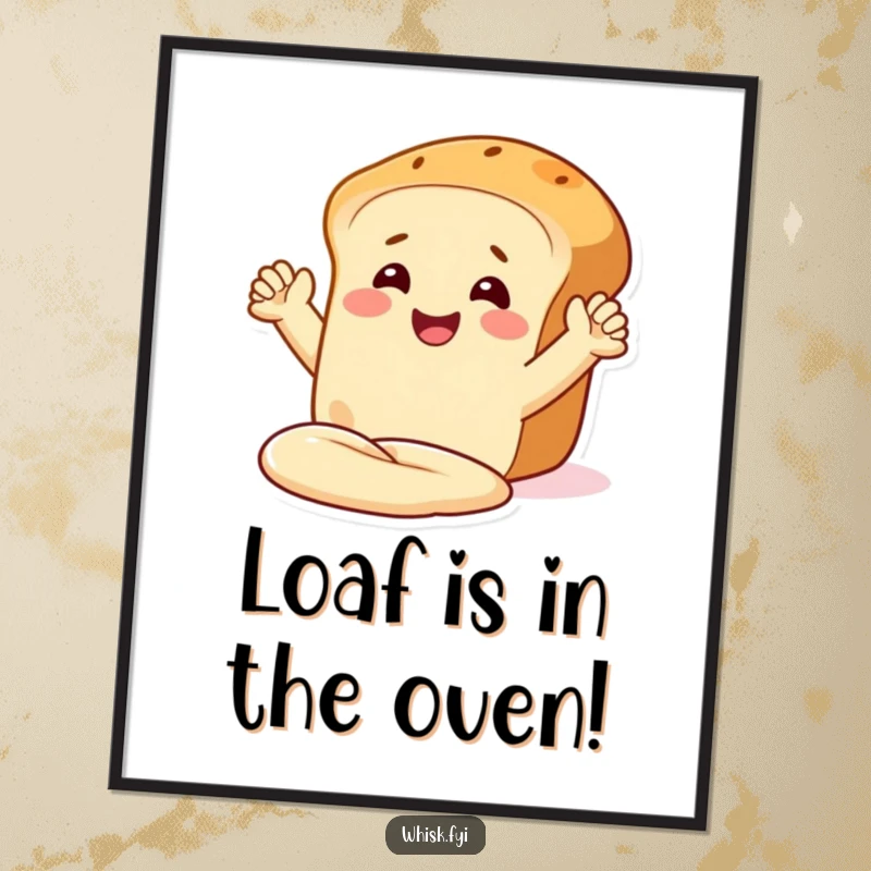 Funny Free Printable wall art: a happy bread loaf with arms kneads dough with a big smile, kitchen decor.
