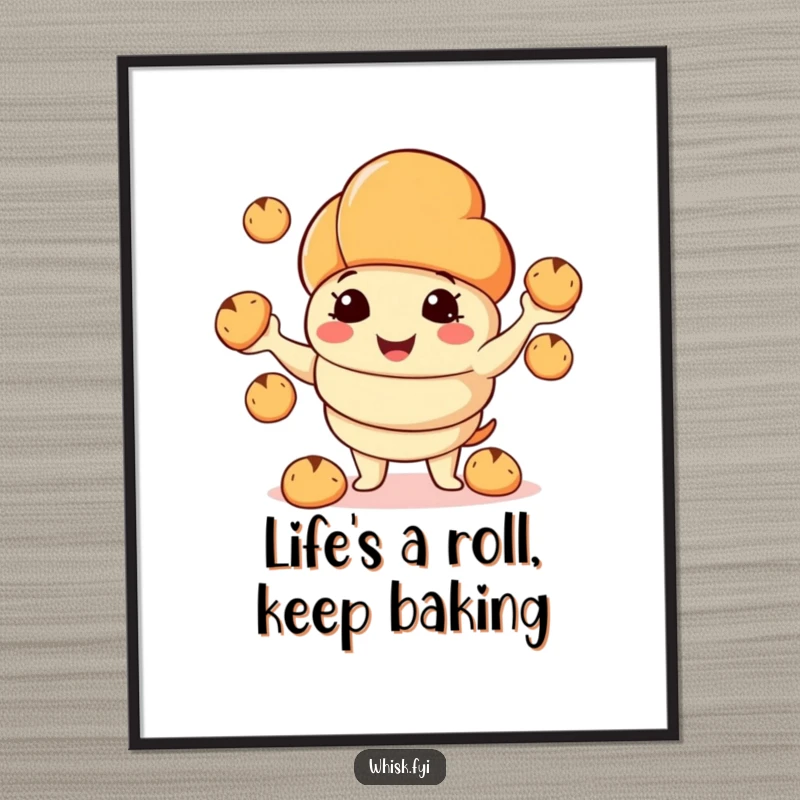 Funny Free Printable Wall Art: Croissant character happily juggling small bread rolls, a whimsical and downloadable decor piece.