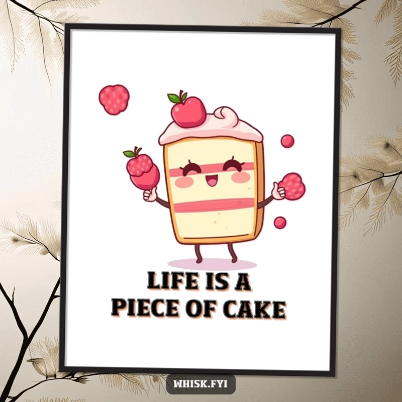 Funny Free Printable Wall Art featuring a playful Kawaii cake slice character expertly juggling small red and blue berries with a smile.