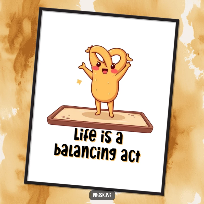 Funny Free Printable Wall Art: Cheerful pretzel humorously doing a handstand on a baking sheet, bringing baked silliness to the wall.