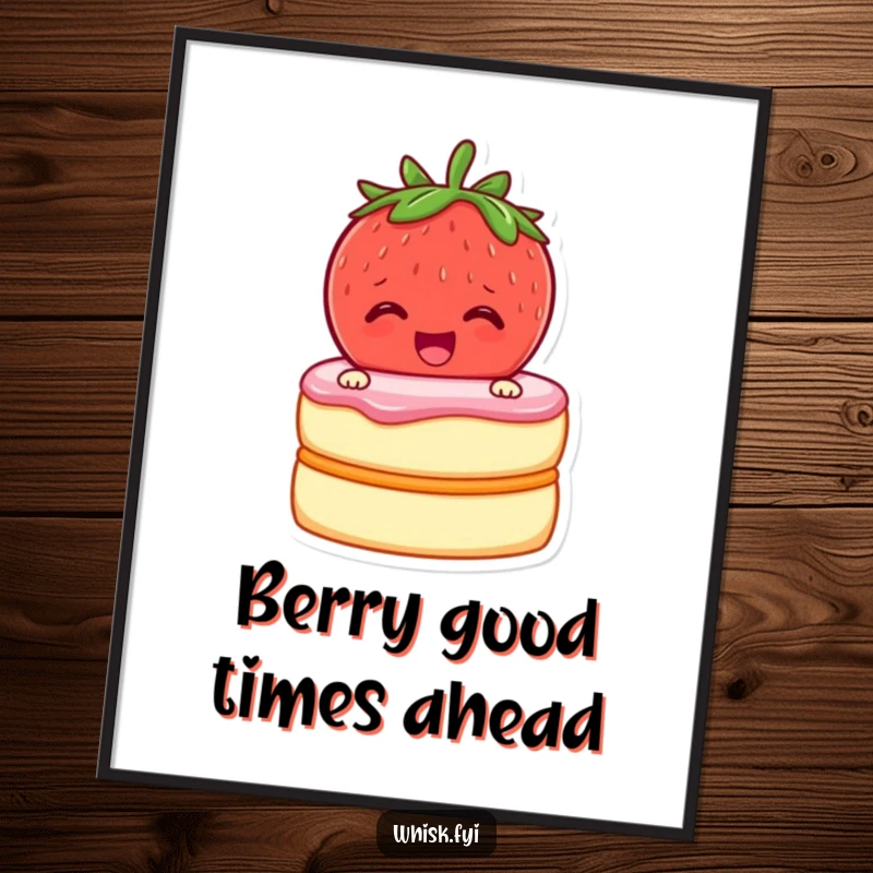 Funny Free Printable Wall Art: Cheerful strawberry excitedly zipping two cake layers together, a sweet addition to any room.